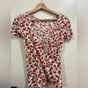 Sezane White Ribbed Wrap Crop Top with Red Floral Print